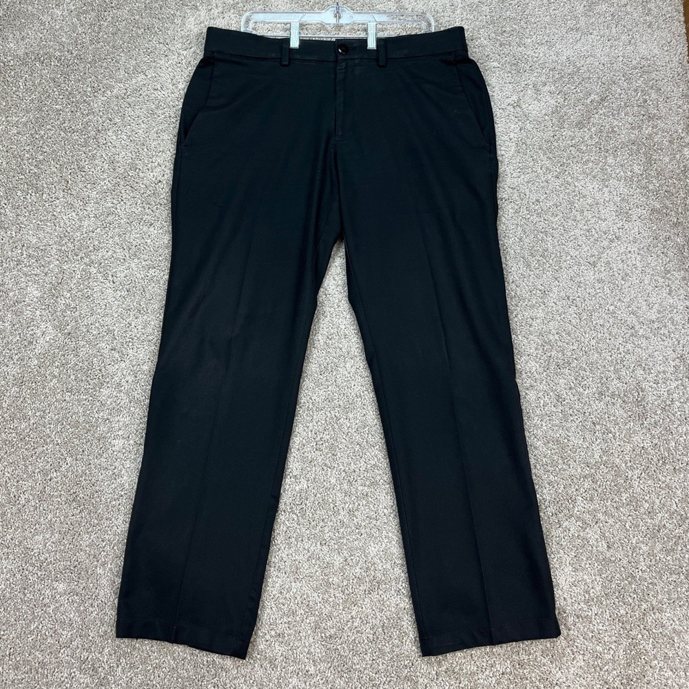 Haggar In Motion Dress Pants Men 36x32 Black Flat Front Performance Trousers EUC